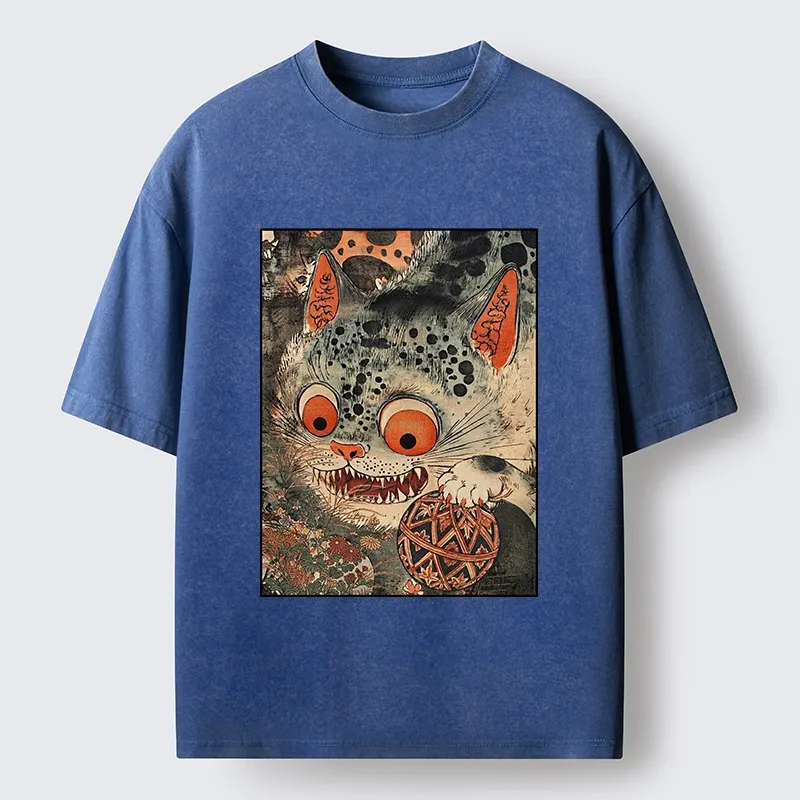 Tokyo‑Tiger Funny Yokai Cat Washed T‑Shirt
