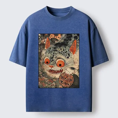 Tokyo‑Tiger Funny Yokai Cat Washed T‑Shirt