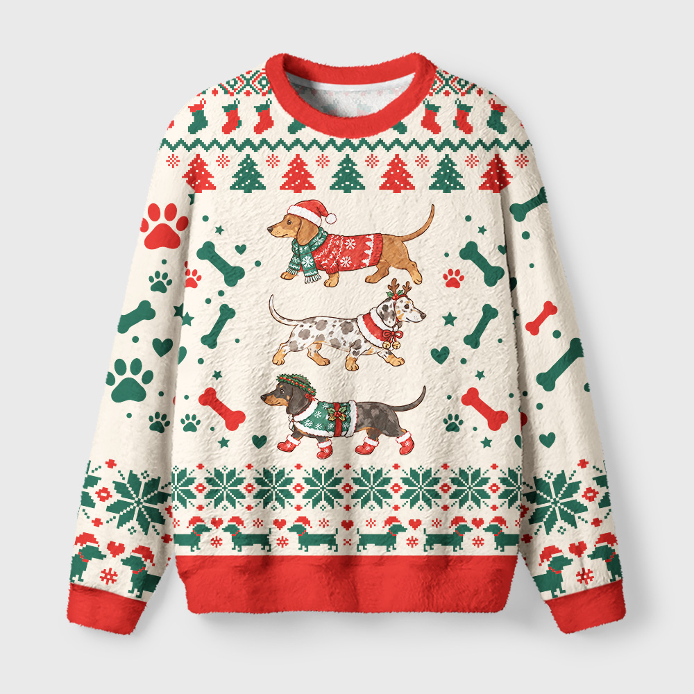 Tokyo-Tiger Sausage Dog Christmas Fuzzy Christmas Ugly Sweatshirt