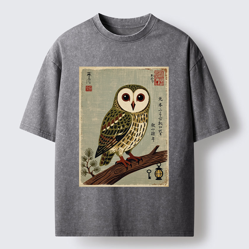 Tokyo-Tiger Vintage Woodblock Owl Art Washed T-Shirt