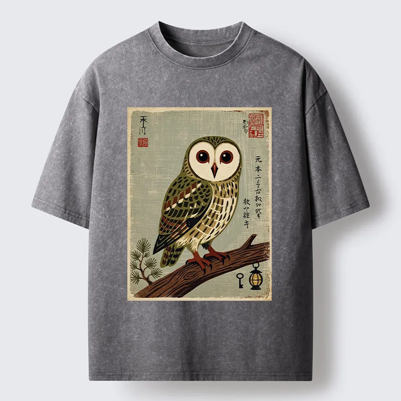 Tokyo-Tiger Vintage Woodblock Owl Art Washed T-Shirt