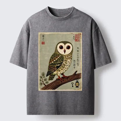 Tokyo-Tiger Vintage Woodblock Owl Art Washed T-Shirt