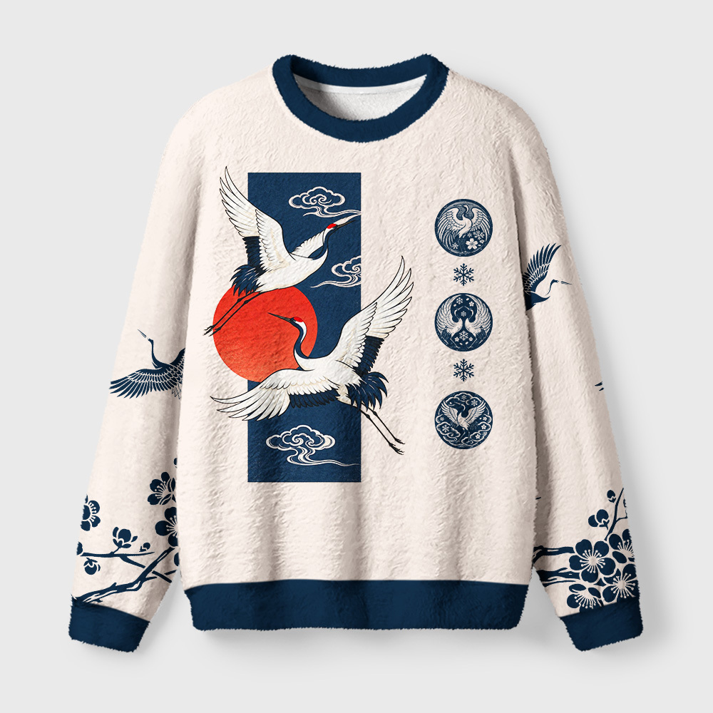 Tokyo-Tiger Sunrise Cranes Fuzzy Christmas Ugly Sweatshirt