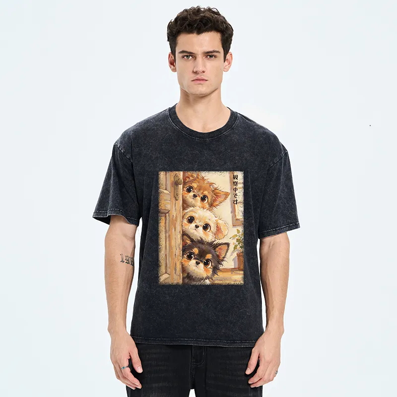 Tokyo-Tiger Puppies Are Peeking At You Washed T-Shirt