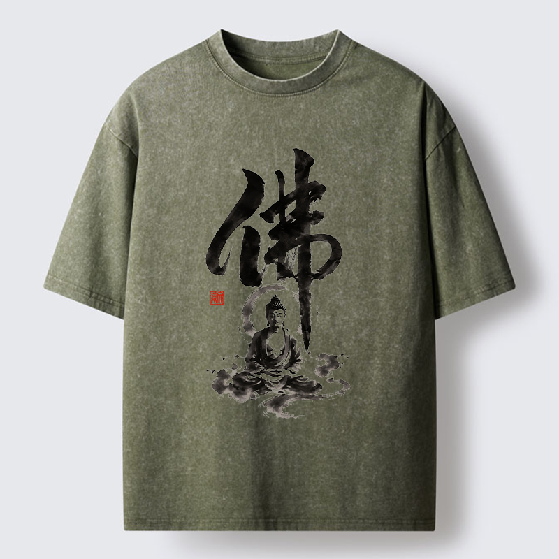 Tokyo-Tiger Zen Buddha Ink Kanji Painting Washed T-Shirt