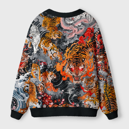 Tokyo-Tiger Inferno Of Roaring Tigers Ugly Cardigan Sweater