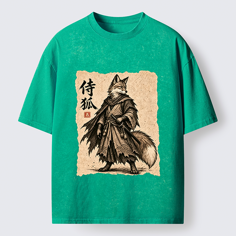Tokyo-Tiger Vintage Samurai Fox Art Washed T-Shirt