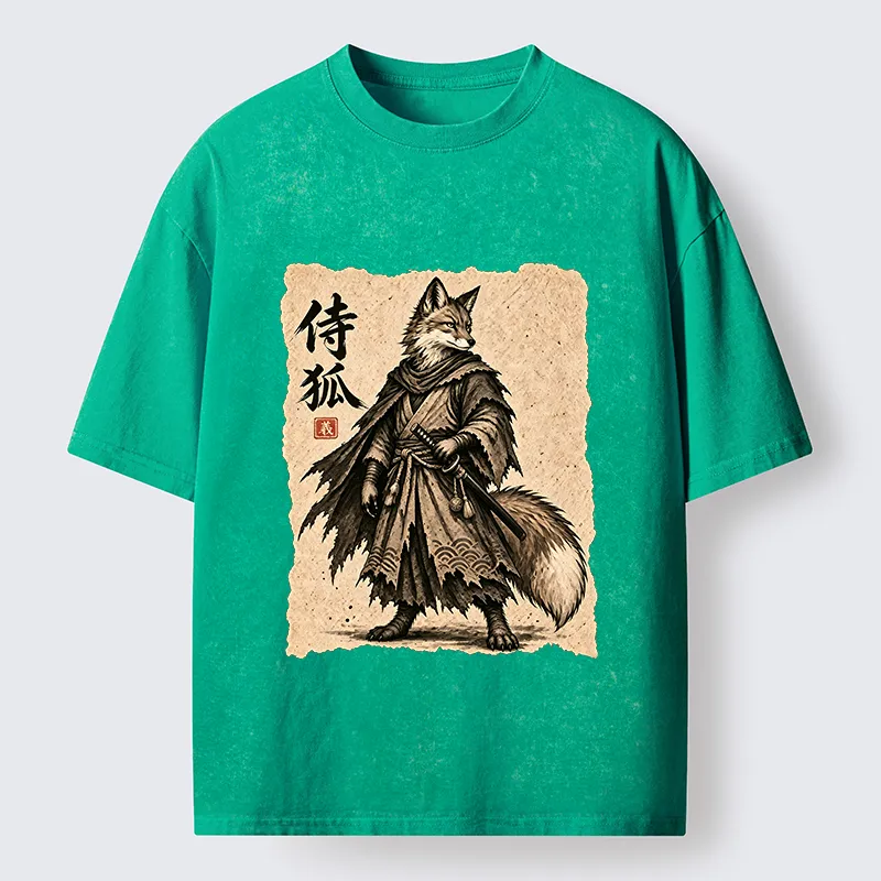 Tokyo-Tiger Vintage Samurai Fox Art Washed T-Shirt