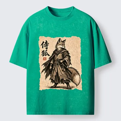 Tokyo-Tiger Vintage Samurai Fox Art Washed T-Shirt