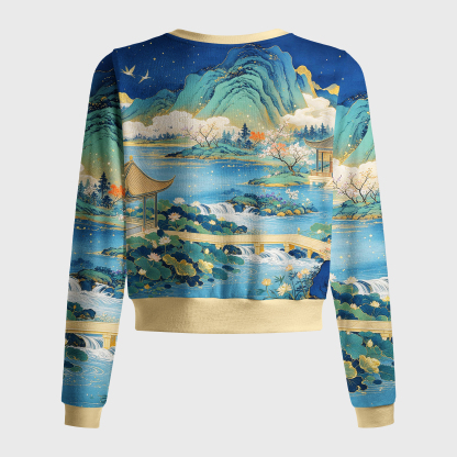 Tokyo-Tiger Vintage Oriental Blue Green Mountain Lake Scenery Women's Lightweight Cardigan