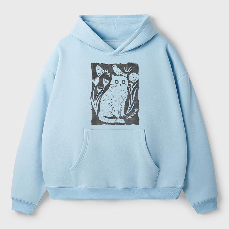 Tokyo-Tiger Folk Paper Cut Cat Bird Floral Art Adult Fleece Hoodie