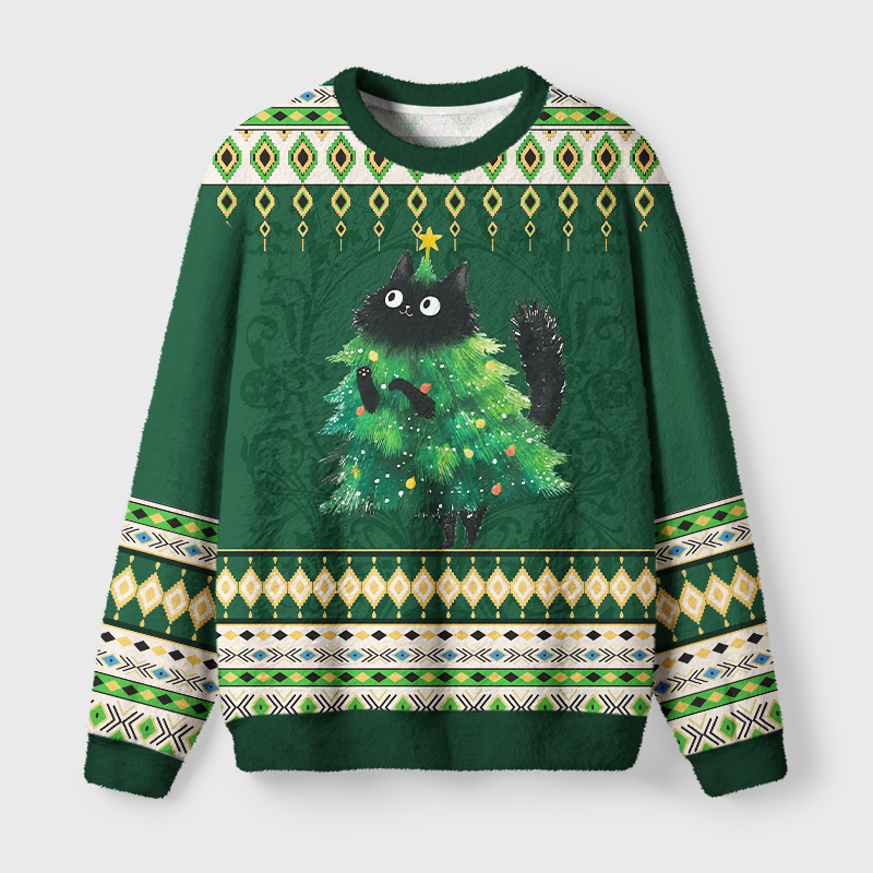 Tokyo-Tiger Funny Christmas Tree Cat Fuzzy Christmas Ugly Sweatshirt
