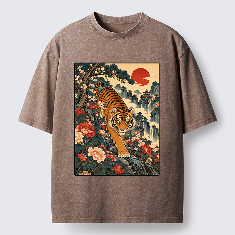 Tokyo-Tiger Vintage Ukiyo Wild Tiger Floral Graphic Washed T-Shirt