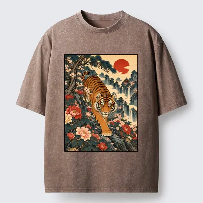 Tokyo-Tiger Vintage Ukiyo Wild Tiger Floral Graphic Washed T-Shirt