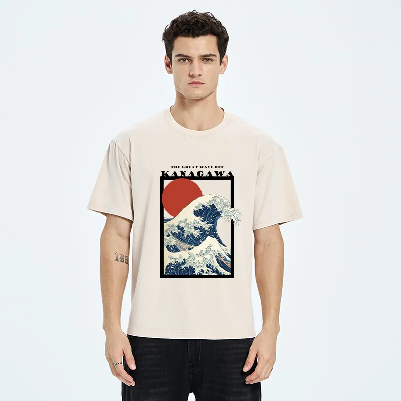 Tokyo-Tiger Minimalist Ukiyo-e Waves Washed T-Shirt