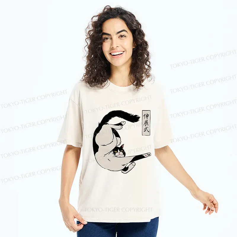 Tokyo-Tiger Supine Cat Stretch Washed T-Shirt