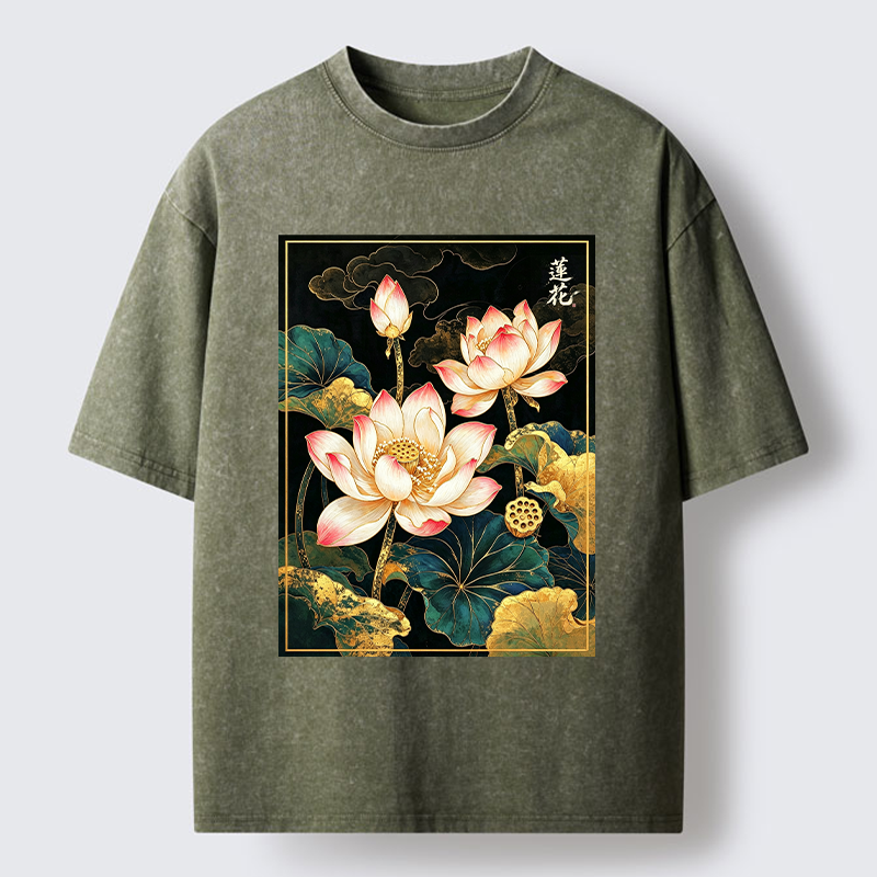 Tokyo-Tiger Oriental Lotus Print Washed T-Shirt