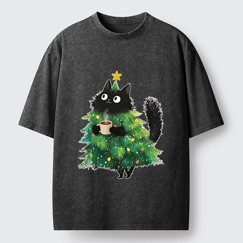 Tokyo‑Tiger Coffee Christmas Cat Washed T‑Shirt