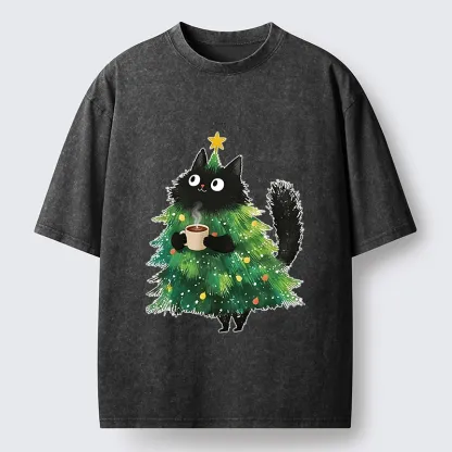 Tokyo‑Tiger Coffee Christmas Cat Washed T‑Shirt