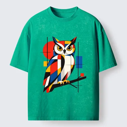 Tokyo-Tiger Geometric Owl Art Meme Washed T-Shirt