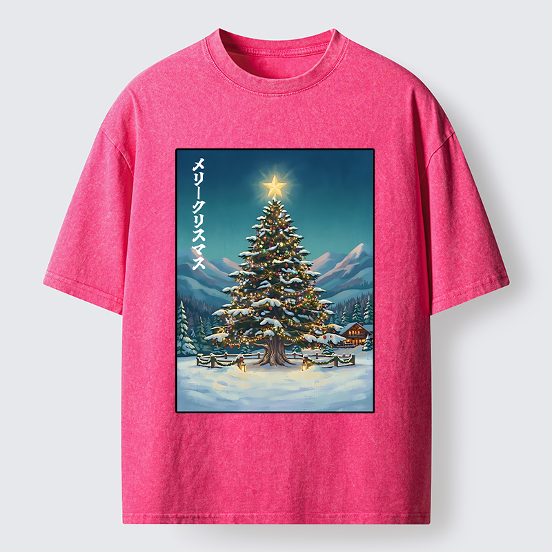 Tokyo-Tiger Snow Mountain Christmas Tree Vibe Washed T-Shirt