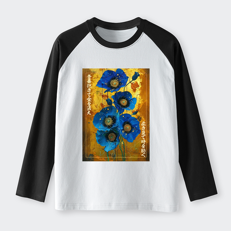 Tokyo-Tiger Shiny Blue Flower Warm Golden Background Raglan Long Sleeve T-shirt