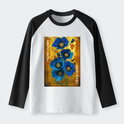 Tokyo-Tiger Shiny Blue Flower Warm Golden Background Raglan Long Sleeve T-shirt