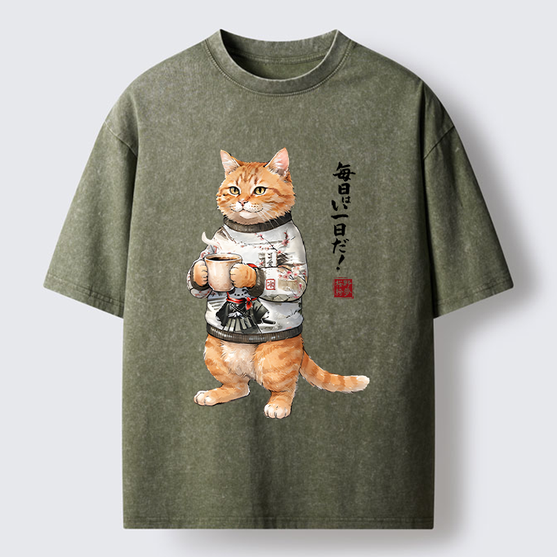 Tokyo‑Tiger Sweater Cat Coffee Washed T‑Shirt