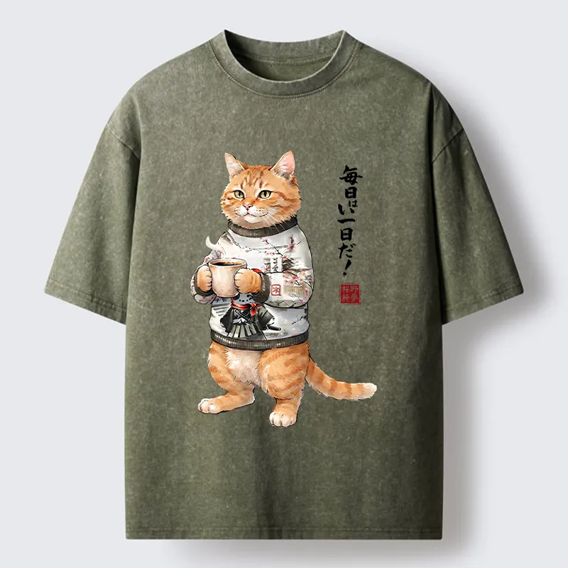 Tokyo‑Tiger Sweater Cat Coffee Washed T‑Shirt