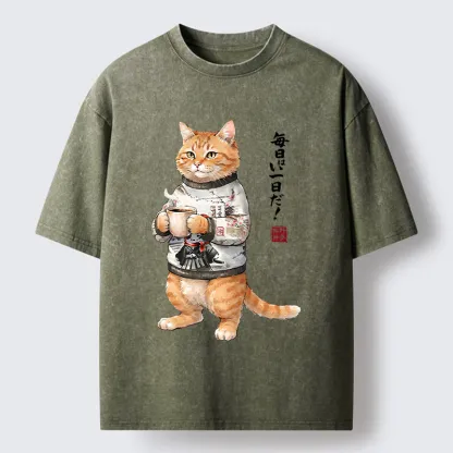 Tokyo‑Tiger Sweater Cat Coffee Washed T‑Shirt