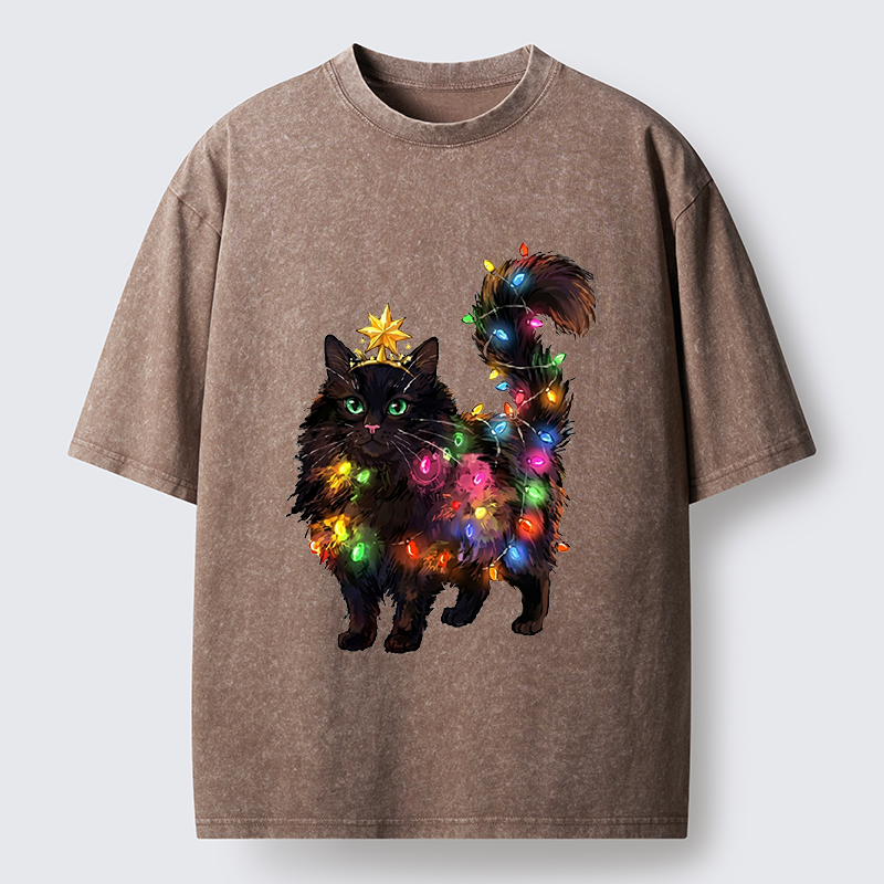 Tokyo-Tiger Christmas Black Cat With Star Crown Washed T-Shirt