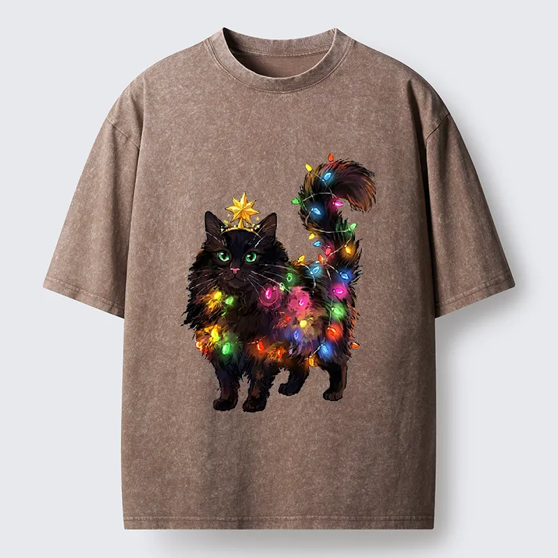Tokyo-Tiger Christmas Black Cat With Star Crown Washed T-Shirt