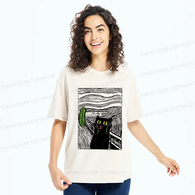 Tokyo-Tiger Cat Afraid Of Cucumbers Washed T-Shirt