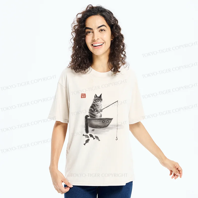 Tokyo-Tiger Cat Fishing Washed T-Shirt