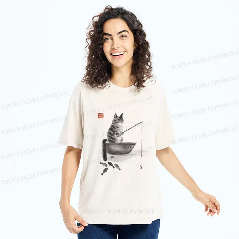Tokyo-Tiger Cat Fishing Washed T-Shirt