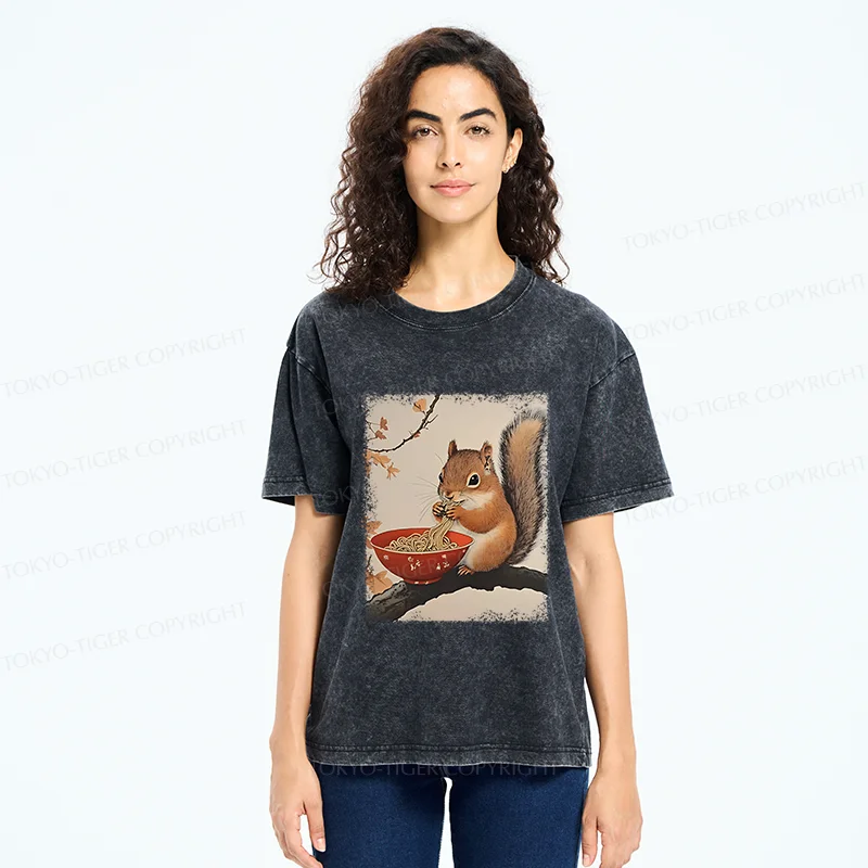 Tokyo-Tiger Squirrel Eating Ramen Washed T-Shirt