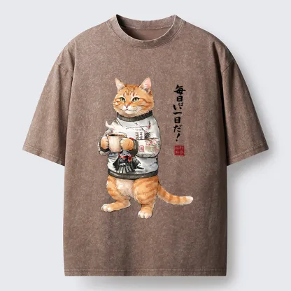 Tokyo‑Tiger Sweater Cat Coffee Washed T‑Shirt