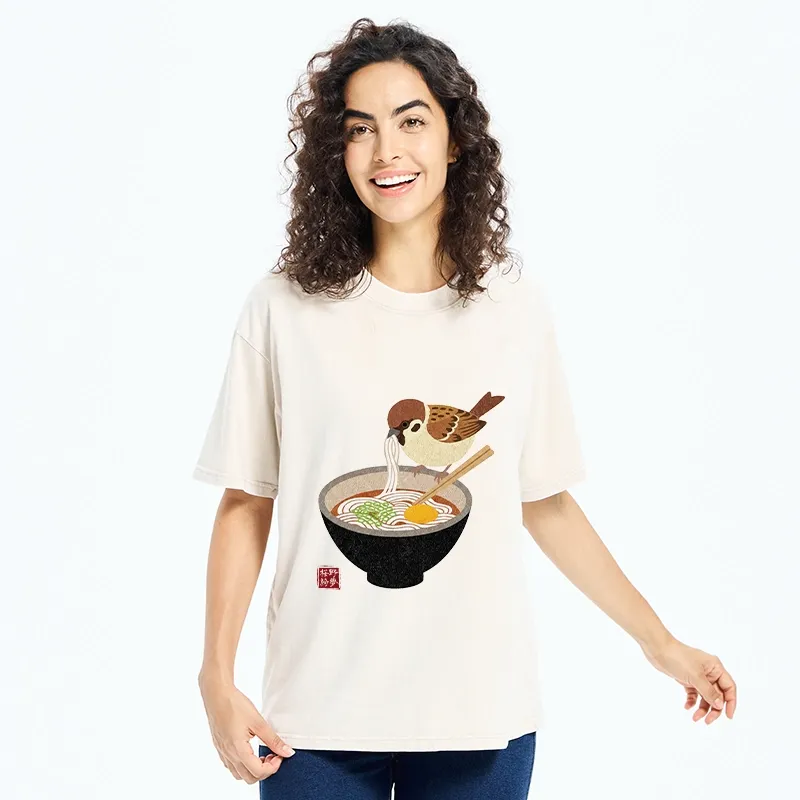 Tokyo‑Tiger Funny Bird Ramen Meme Washed T‑Shirt