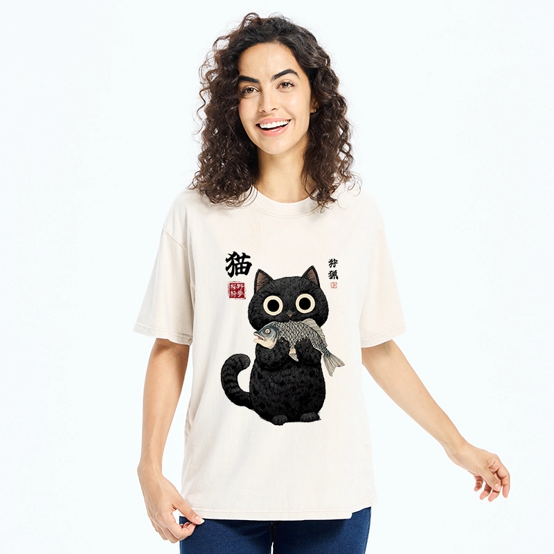Tokyo-Tiger Black Cat Caught A Big Fish Washed T-Shirt