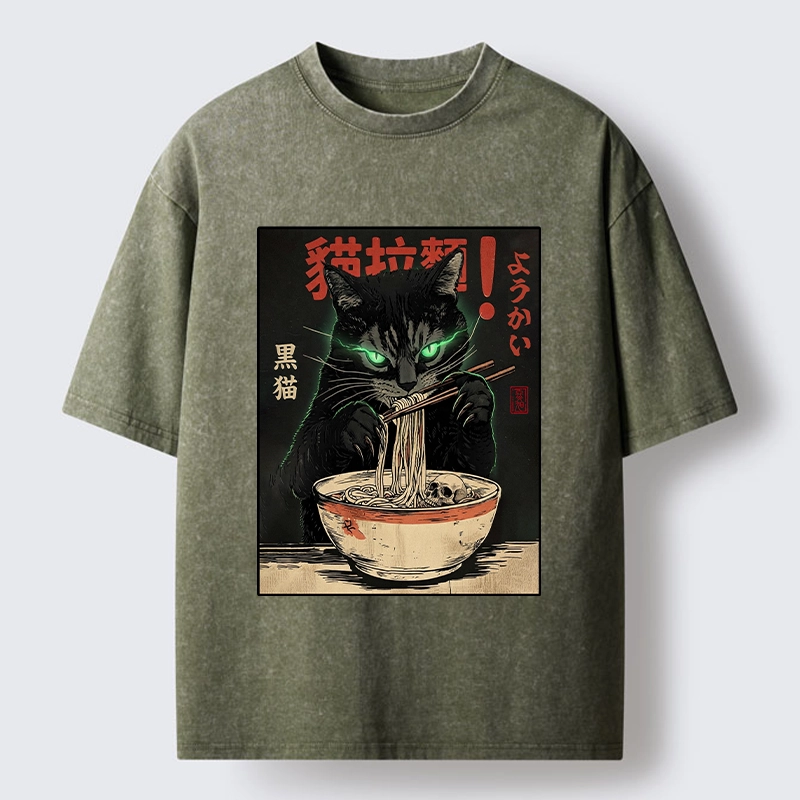 Tokyo‑Tiger Black Cat Ramen Feast Washed T‑Shirt