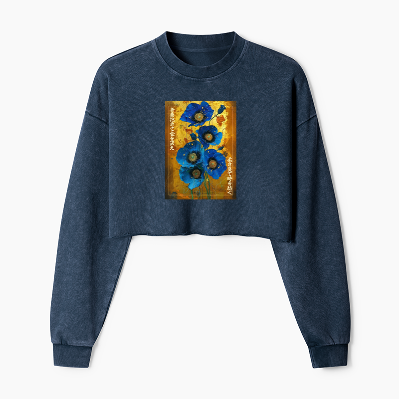 Tokyo-Tiger Shiny Blue Flower Warm Golden Background Washed Crop Sweatshirt