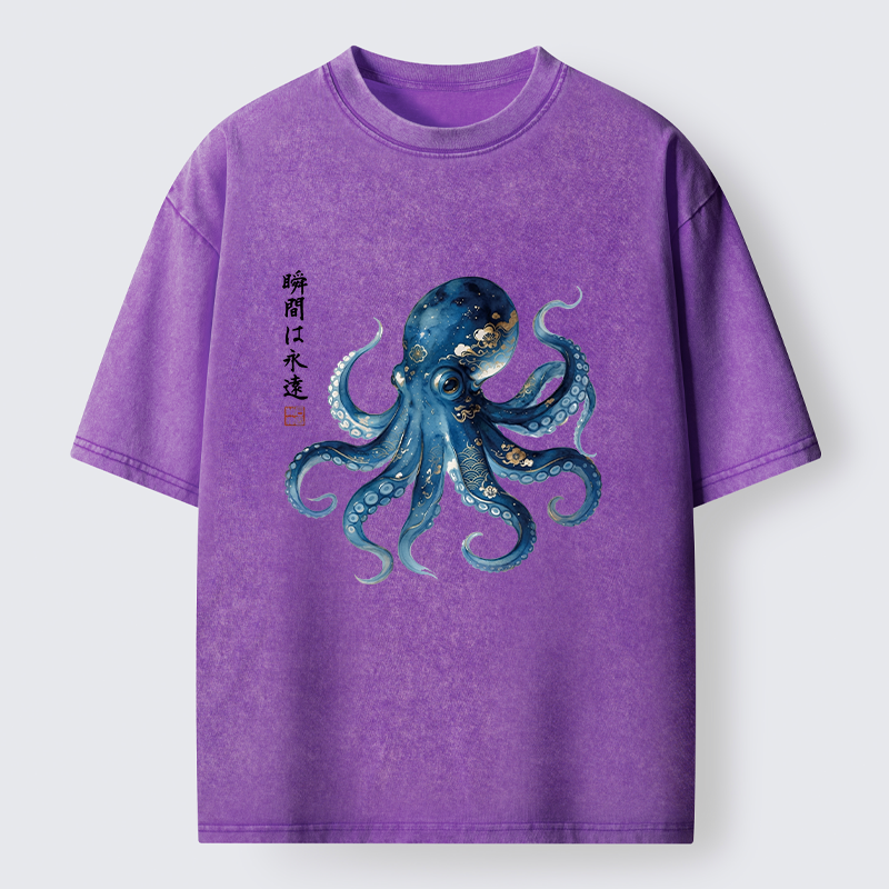 Tokyo-Tiger Japanese Ink Blue Octopus Art Washed T-Shirt