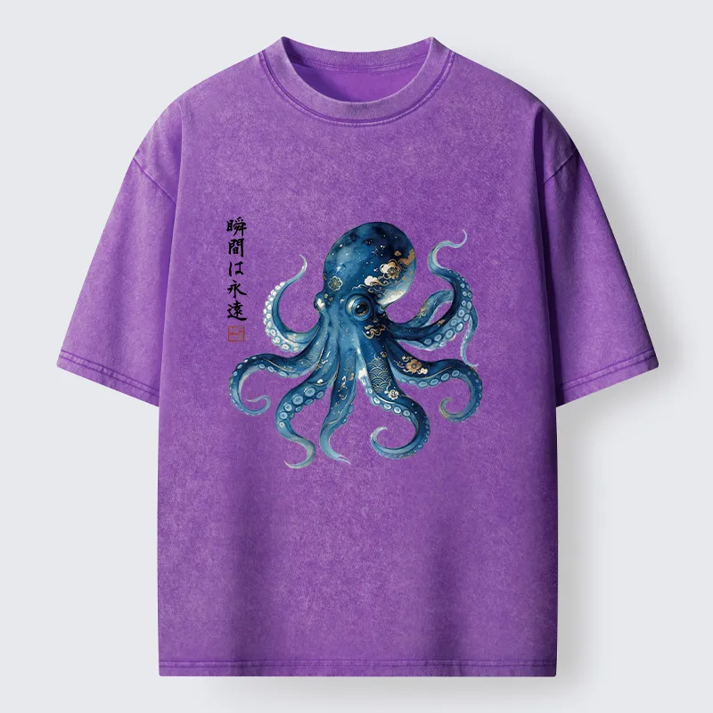 Tokyo-Tiger Japanese Ink Blue Octopus Art Washed T-Shirt
