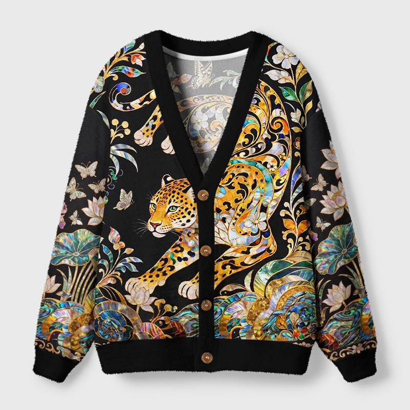 Tokyo-Tiger Ornate Shell Inlay Golden Leopard Ugly Cardigan Sweater
