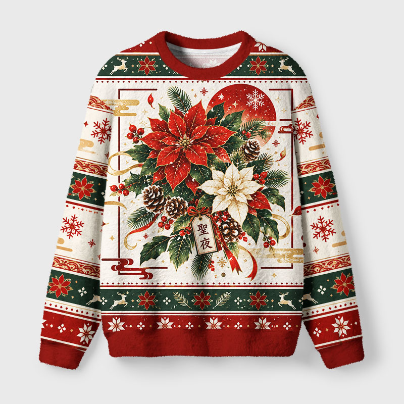 Tokyo-Tiger Festive Poinsettia Flower Fuzzy Christmas Ugly Sweatshirt