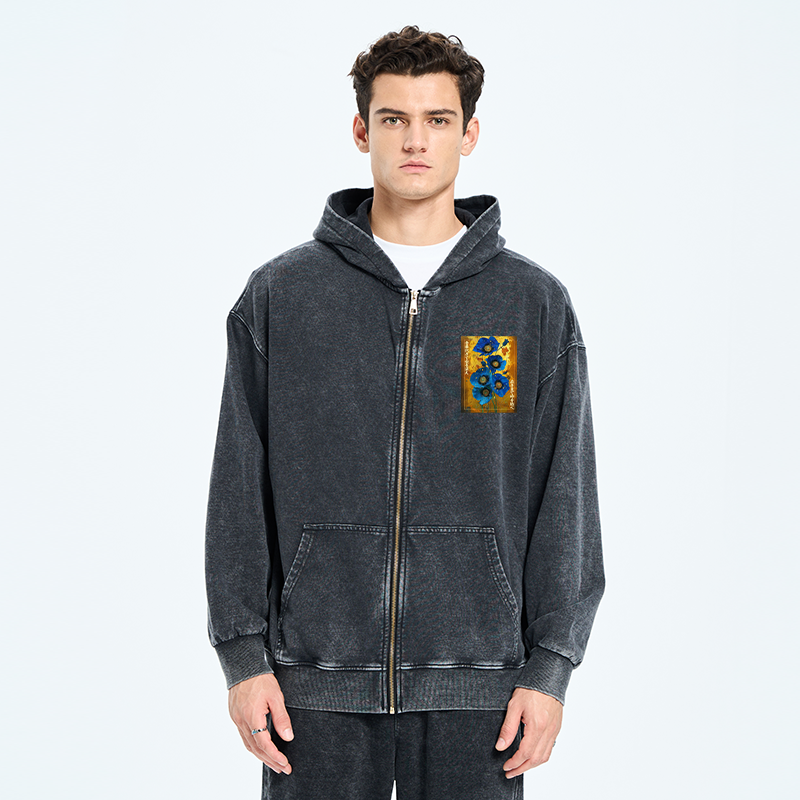 Tokyo-Tiger Shiny Blue Flower Warm Golden Background Washed Zip Hoodie
