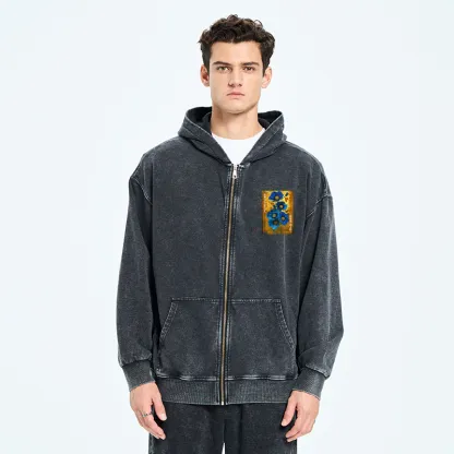 Tokyo-Tiger Shiny Blue Flower Warm Golden Background Washed Zip Hoodie