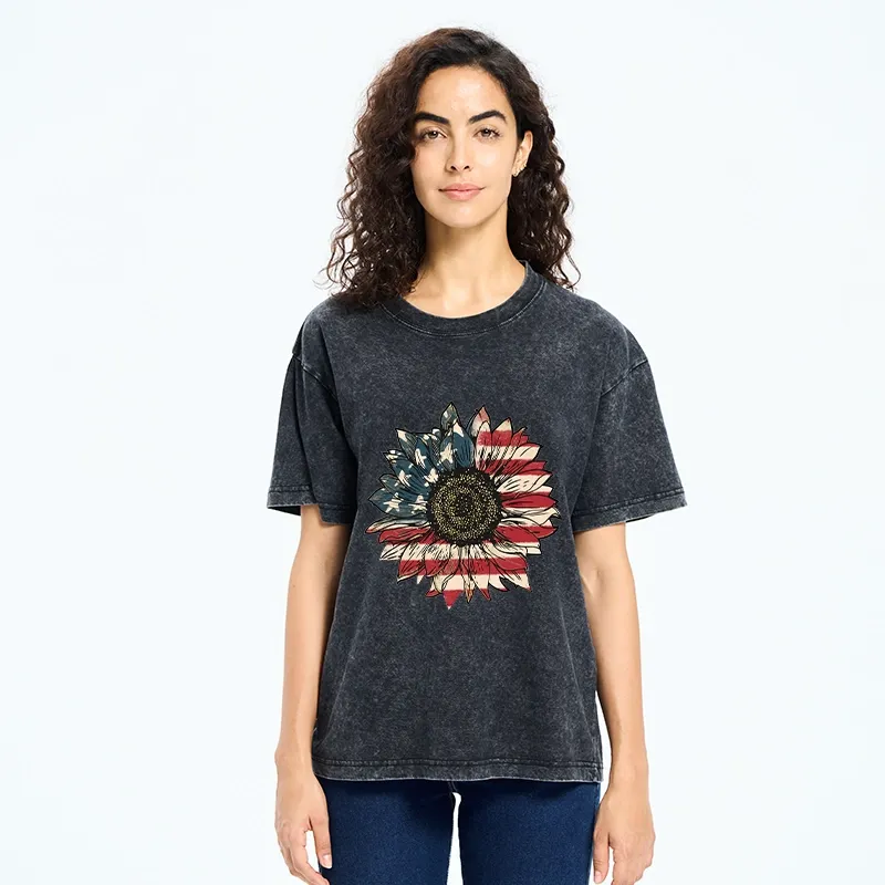 Tokyo-Tiger American Flag Sunflower Art Print Washed T-Shirt