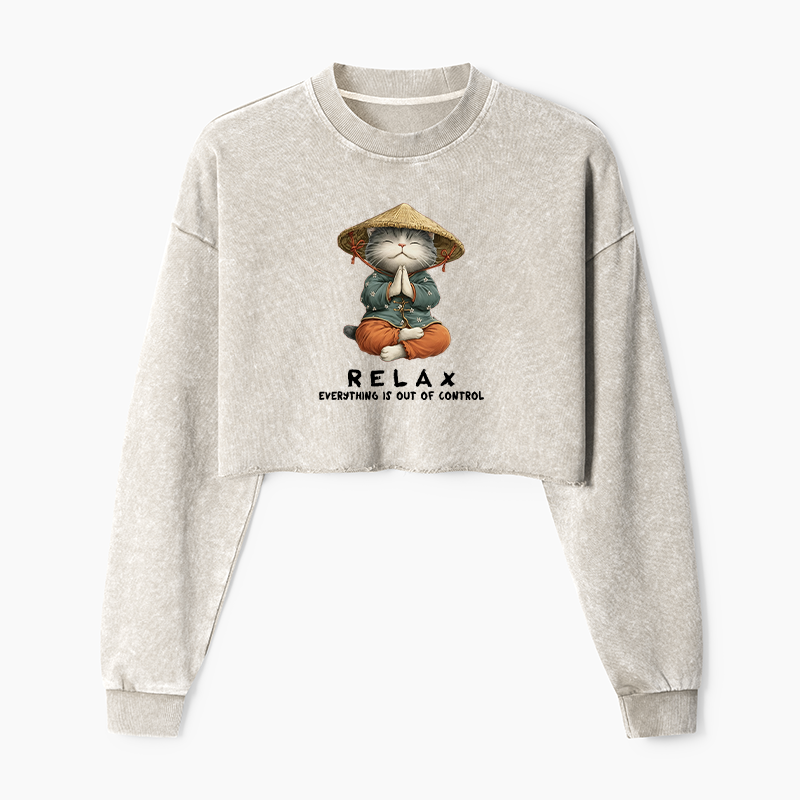 Tokyo-Tiger Zen Relax Cat Graphic Washed Crop Sweatshirt