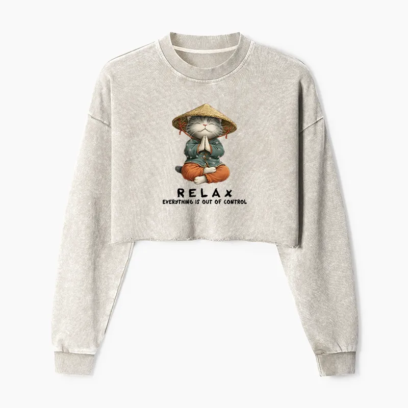 Tokyo-Tiger Zen Relax Cat Graphic Washed Crop Sweatshirt